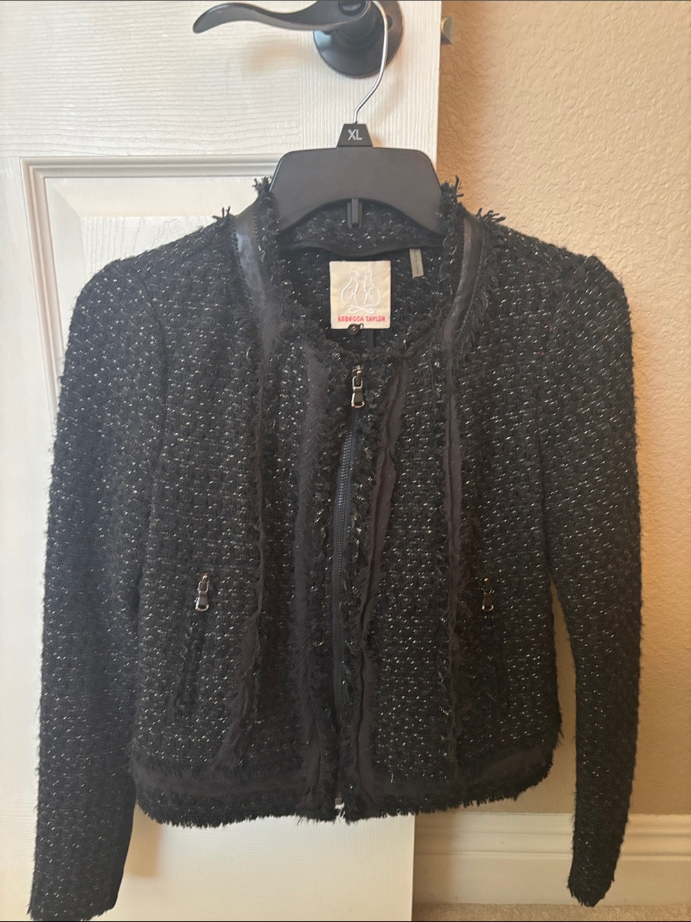Rebecca Taylor Black Tweed Fringe Zip Jacket